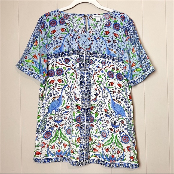 Sundance 100% Silk Izmir Top Small floral printed peacock short sleeve boho blue - Picture 2 of 11